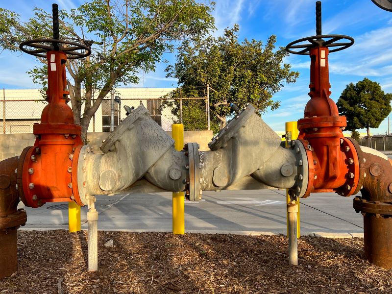 water main pipe with backflow preventation and double block