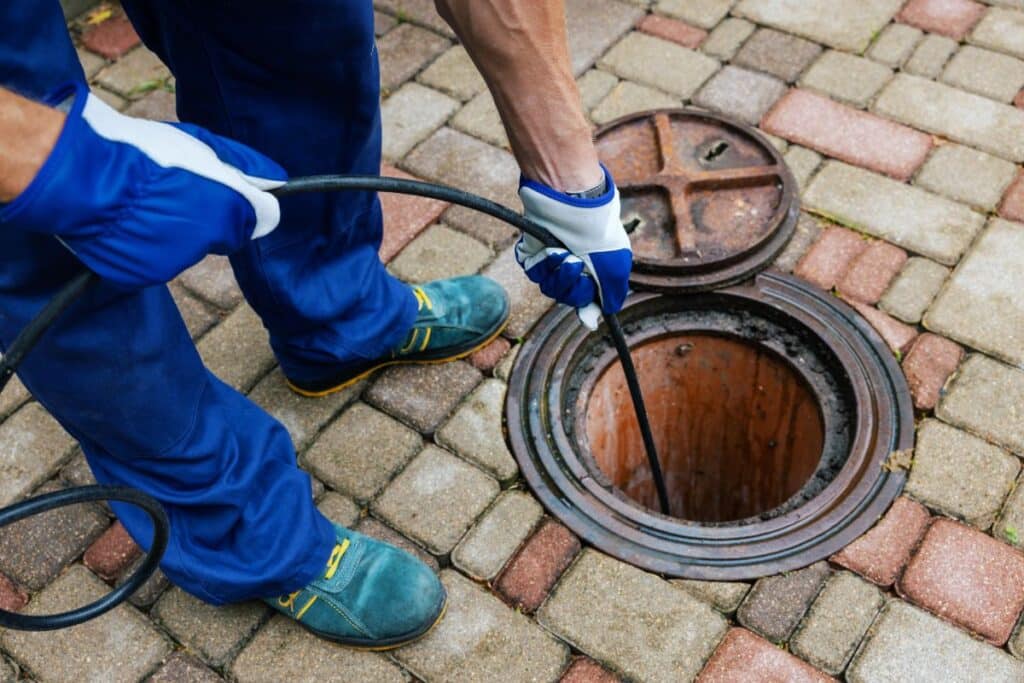 plumber unblocking a drain with jet-rodding