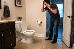 stressed man contacting plumber for overflowing toilet ai